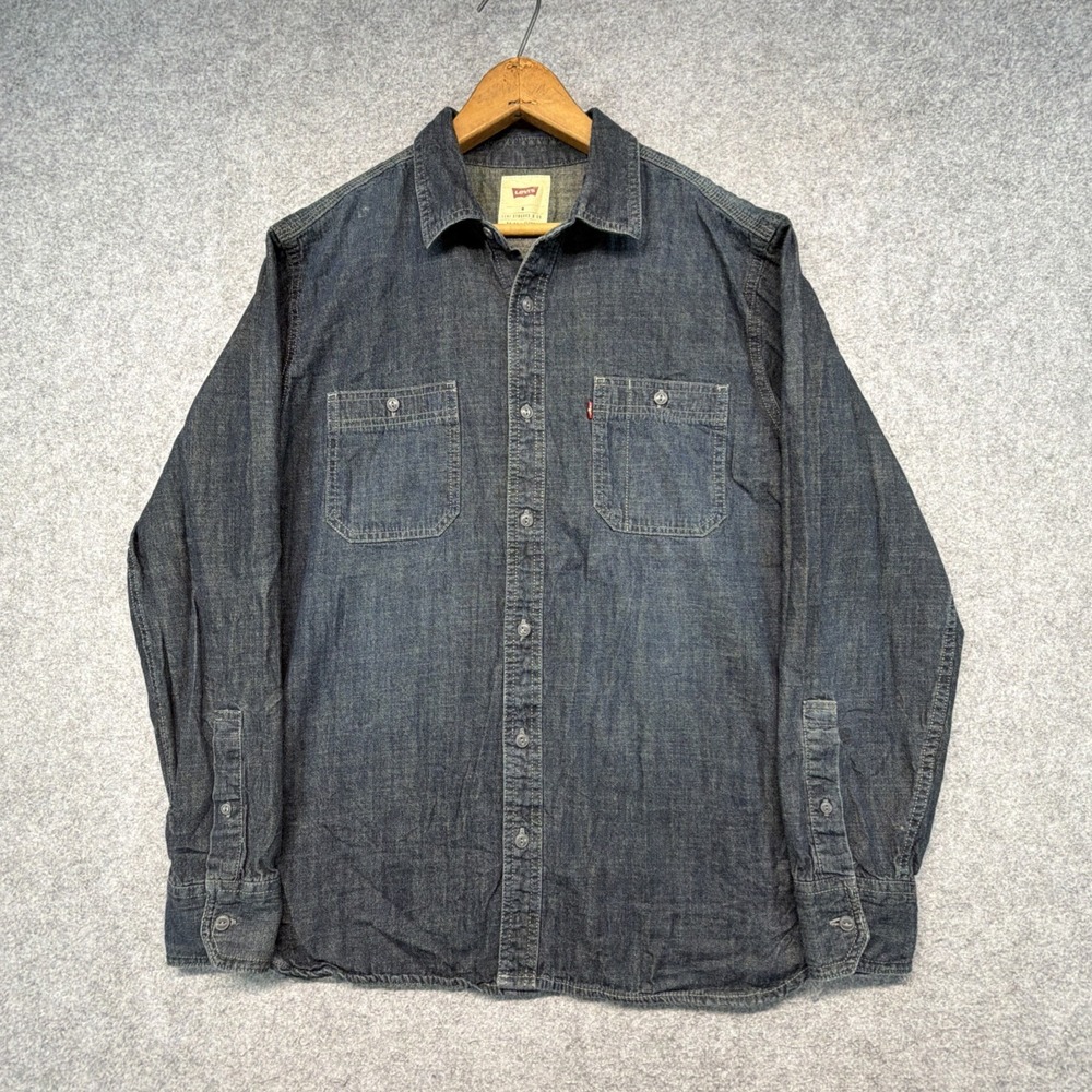 Levis Shirt Mens Medium Dark Wash Blue Denim Button Up Red Tab